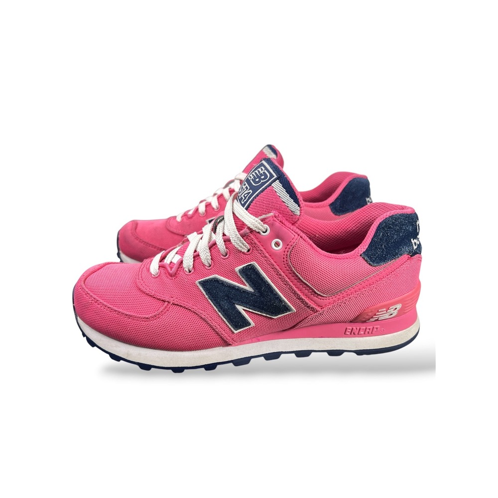 New Balance 574 Pink Navy Blue Canvas Mesh Sneakers WL574POP Womens Size 8
